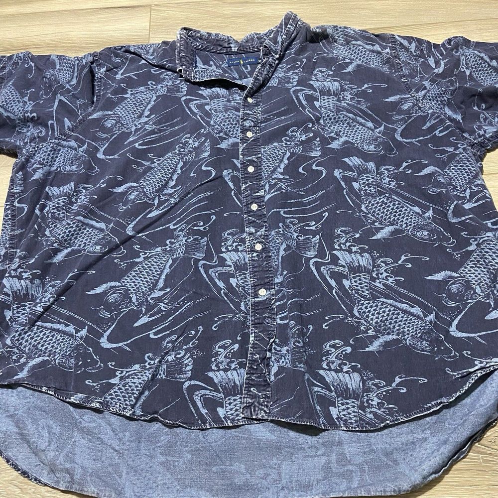 Polo Ralph Lauren Mens‎ Button Up Shirt 4XB Blue Koi Fish All Over Print